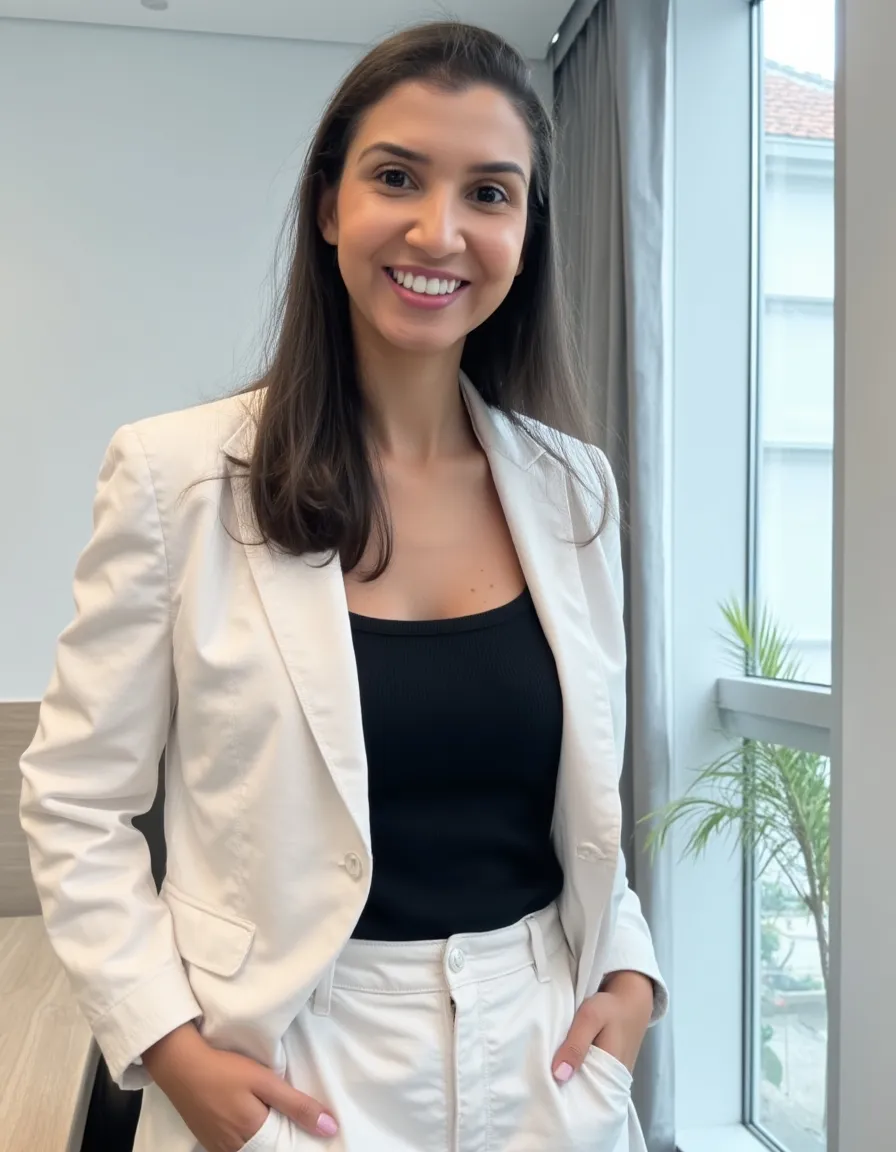 Caroline Szaz, advogada, sorrindo no escritório